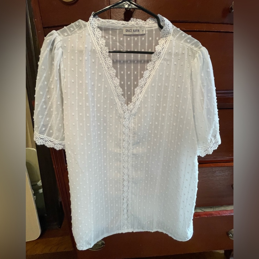 Grace Karin Ivory Lace Accent Blouse-XL